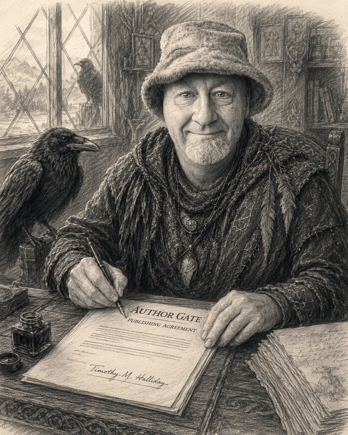 Pencil sketch of Timothy M. Halliday signing his publishing contract with a raven beside him