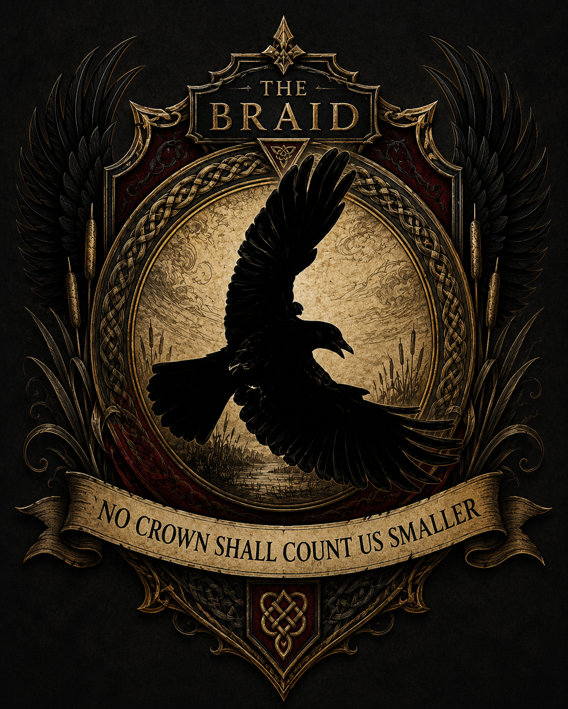 Black raven crest bearing the motto No Crown Shall Count Us Smaller