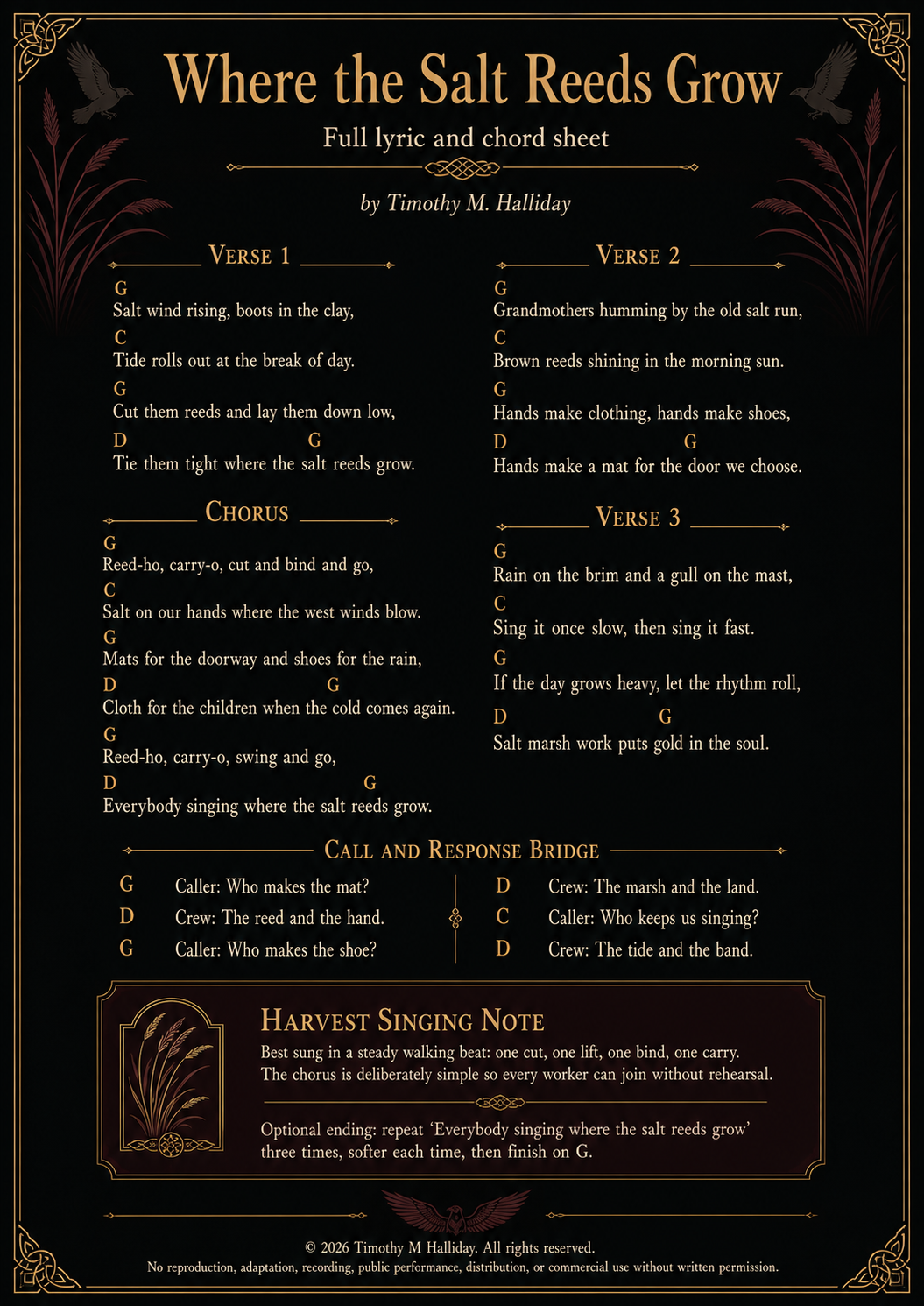 Where the Salt Reeds Grow lyric and chord sheet by Timothy M. Halliday