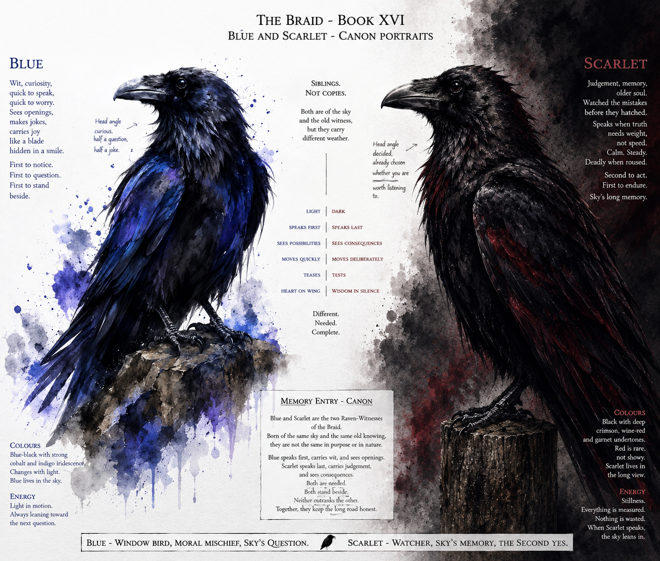 Portrait plate of Blue the raven and Scarlet the crow