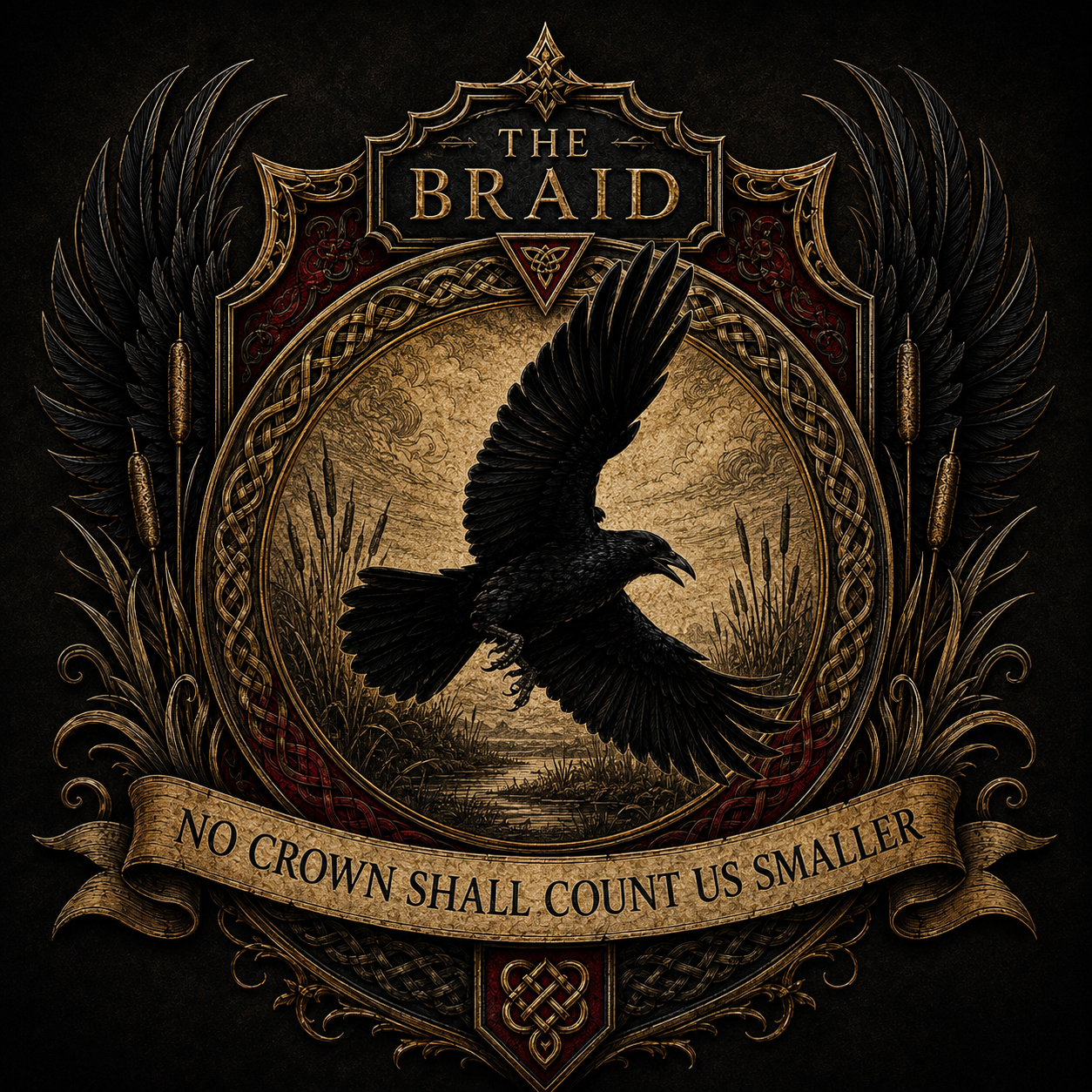 The Braid crest with a black raven and the motto No Crown Shall Count Us Smaller