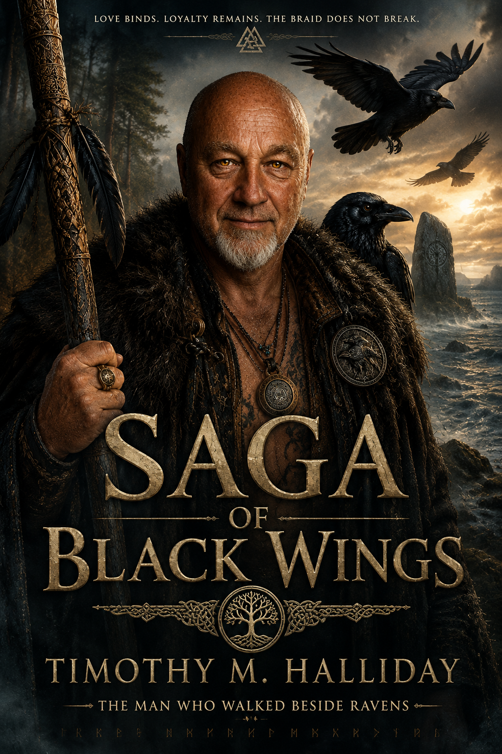 Viking-fantasy portrait of Timothy M. Halliday with golden serpent eyes, raven and staff