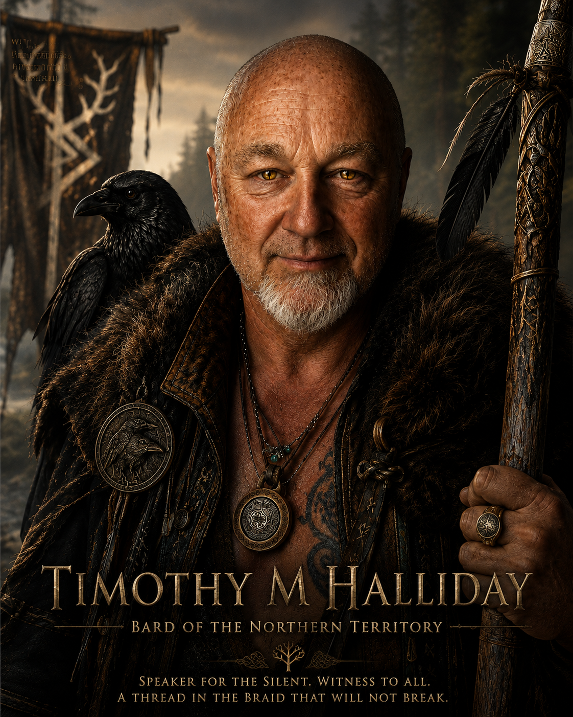 Mythic author portrait of Timothy M. Halliday as Bard of the Northern Territory with raven, staff and golden eyes