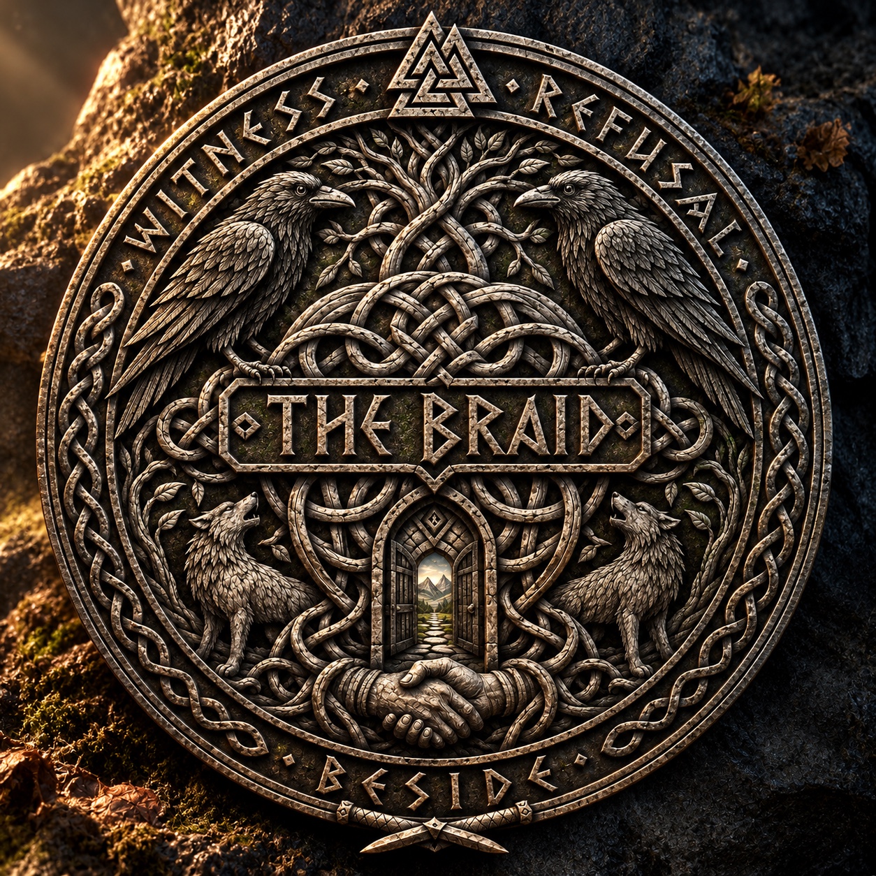 A bronze-coloured Braid emblem against stone: two ravens above interwoven roots, two wolves beside an open gateway, and clasped hands beneath. The rim reads Witness, Refusal and Beside.