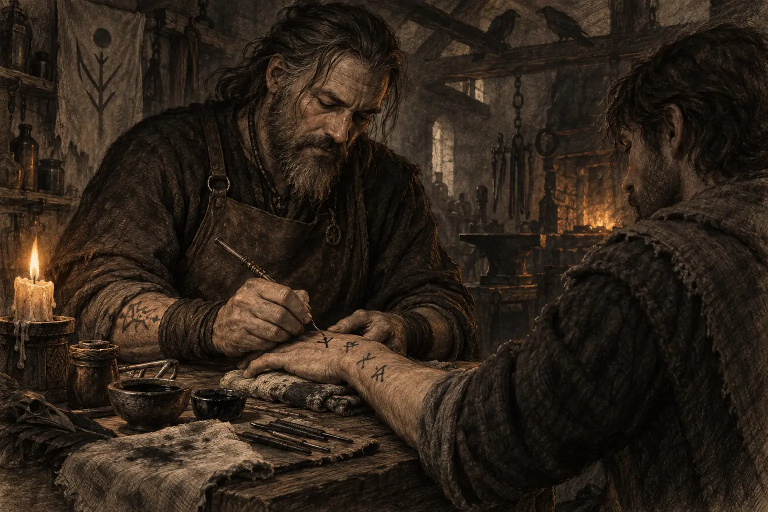 A charcoal drawing of an inksmith marking runes by hand in a candlelit forge-workshop while ravens watch from the rafters.