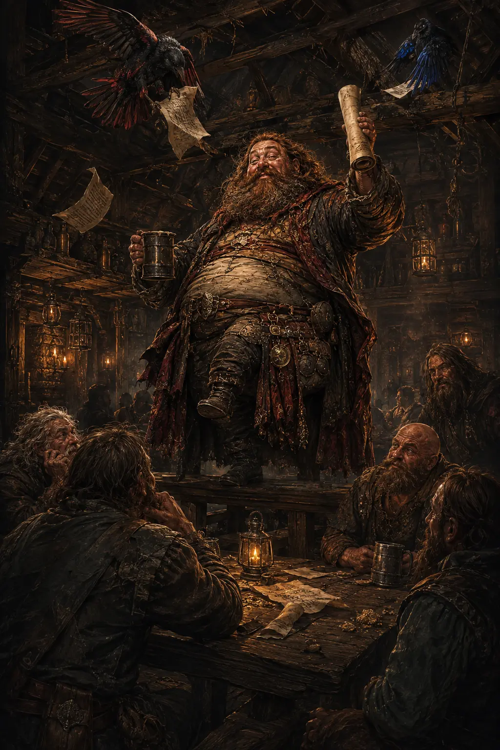 Salmon Two-Arses standing on a tavern bench to deliver an ode while road-worn listeners and two ravens endure the correction