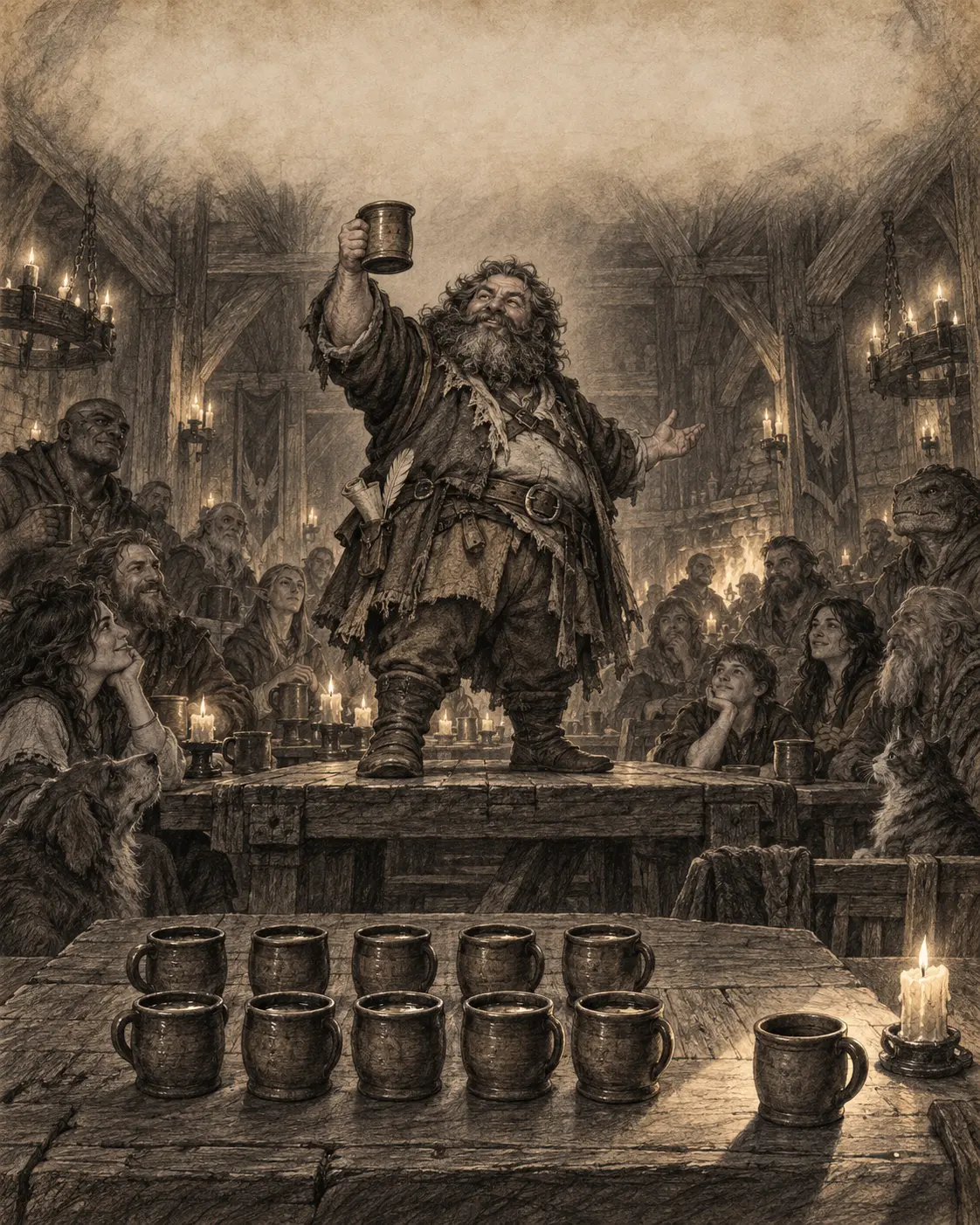 Salmon Two-Arses stands upon a tavern table, raising a cup before the Unbroken Hall.